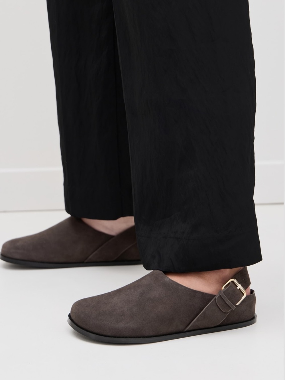 A. Emery Louis Clogs - Dark Grey Suede Slip-On Clogs with Buckle